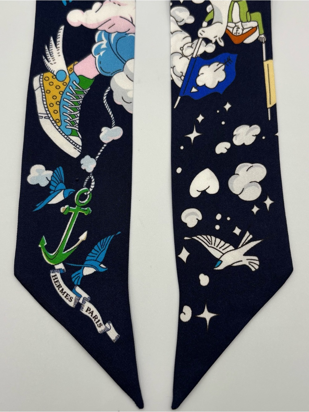 Hermes Sur Mon Nuage Twilly Silk Scarf Marine Clair Ciel Navy Blue Cloud Print - Picture 3 of 6